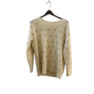 LOFT Lou & Grey Cream‎ Knit Sweater with Purple Dot Embellishments Size L